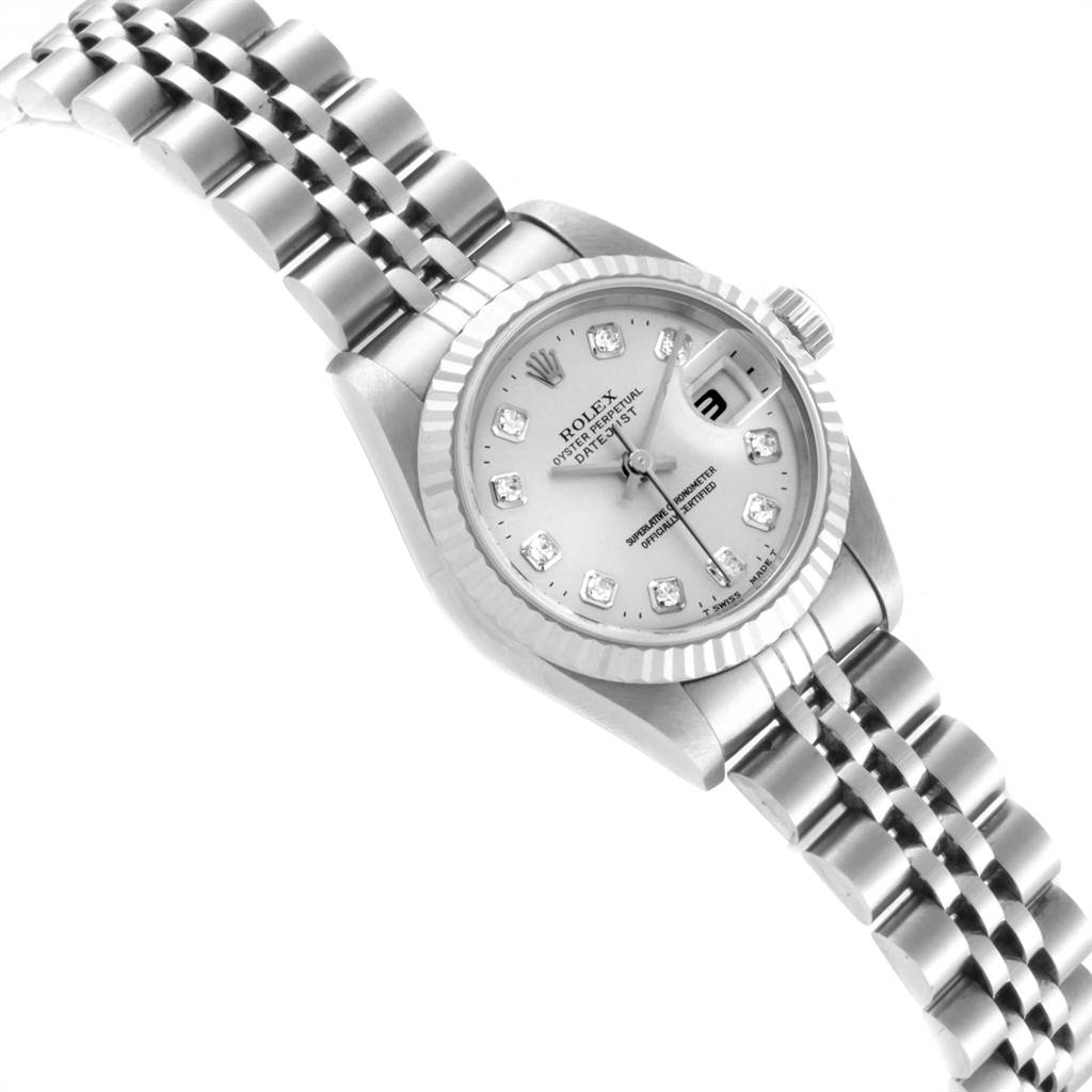 This image shows a Rolex Datejust 69174 Women's Stainless Steel Silver Dial 69174 Women's Stainless Steel Silver Dial watch at an angled top-down view, displaying the face and part of the metal bracelet.