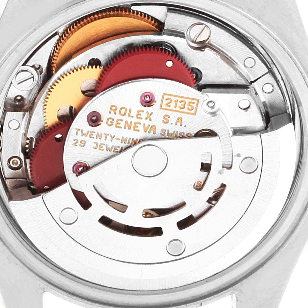 This image shows the internal movement mechanism of the Rolex Datejust 69174 Women's Stainless Steel Silver Dial 69174 Women's Stainless Steel Silver Dial watch model from an angled top view.