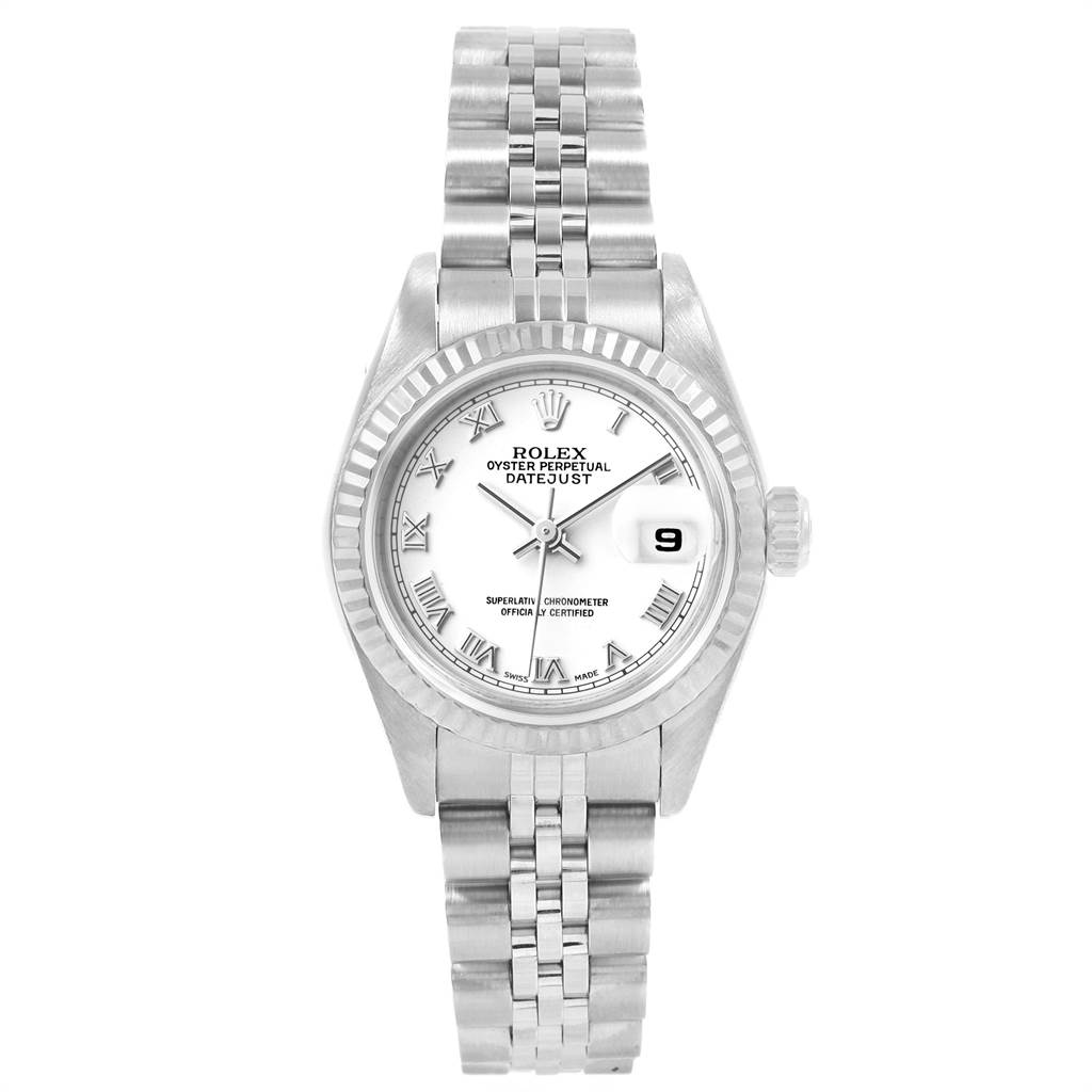 This image shows a Rolex Datejust 79174 Women's Stainless Steel White Dial 79174 Women's Stainless Steel White Dial watch from a front angle, highlighting its dial, bezel, and bracelet.