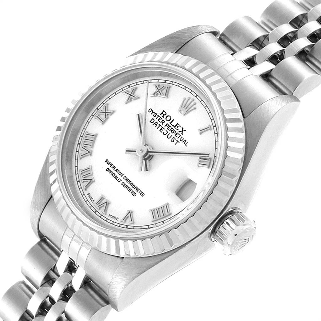 The image shows a Rolex Datejust 79174 Women's Stainless Steel White Dial 79174 Women's Stainless Steel White Dial watch at an angled view, highlighting its dial, bezel, and bracelet.