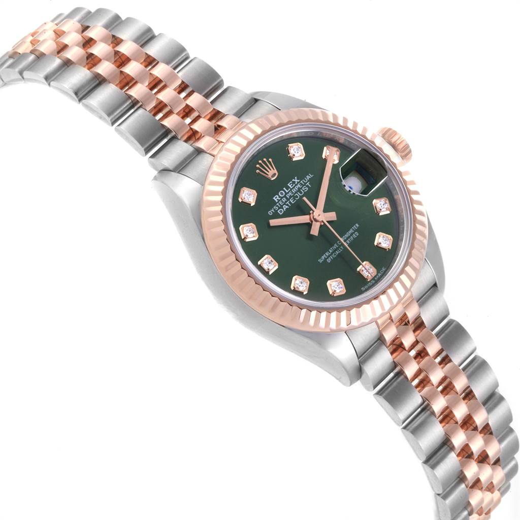 This image shows a Rolex Datejust 279171 Women's Steel and Gold (two tone) Green Dial 279171 Women's Steel and Gold (two tone) Green Dial watch at an angled top-down view, displaying its two-tone bracelet, fluted bezel, and green dial.
