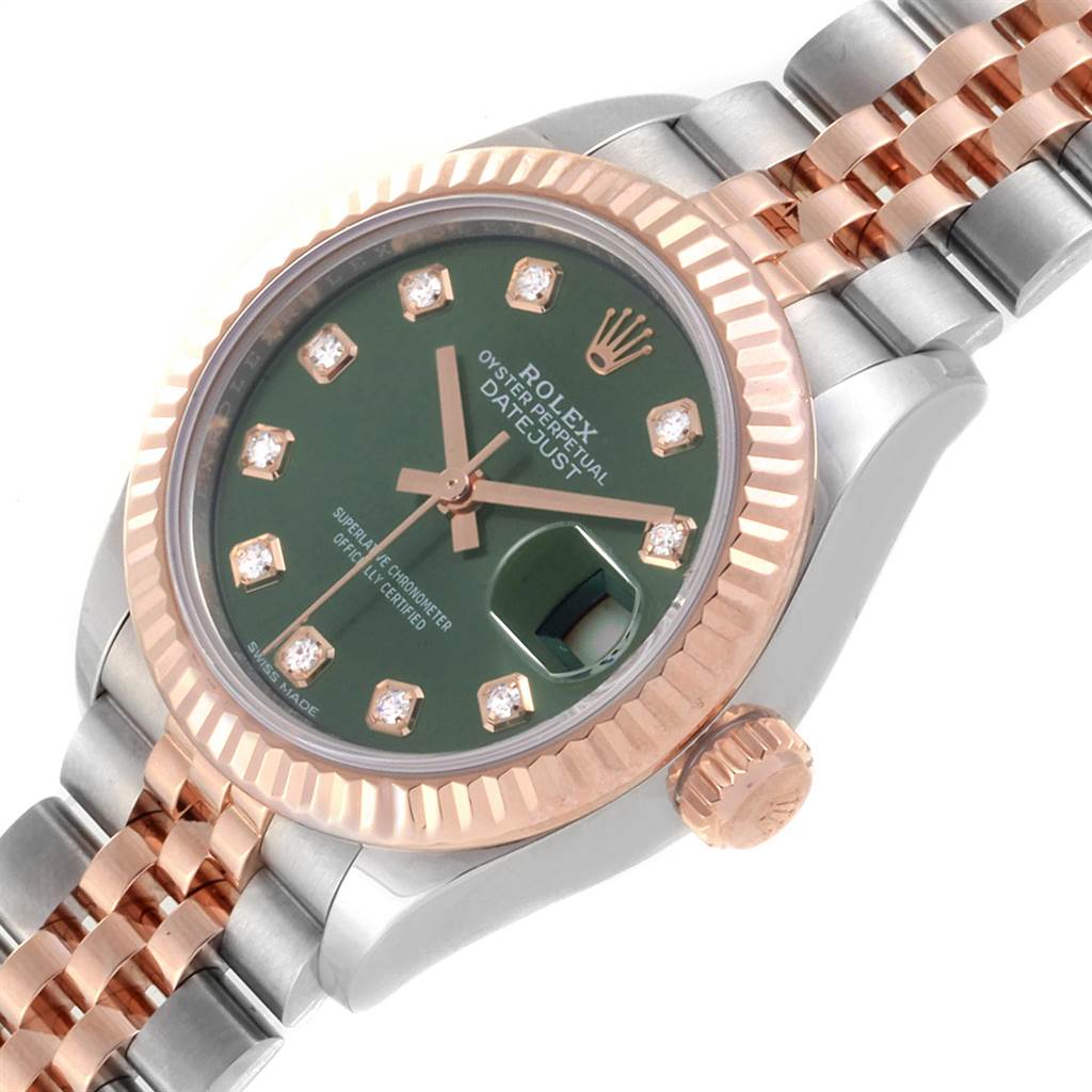 The image shows a close-up, angled view of the Rolex Datejust 279171 Women's Steel and Gold (two tone) Green Dial 279171 Women's Steel and Gold (two tone) Green Dial watch, highlighting the dial, bezel, and part of the bracelet.