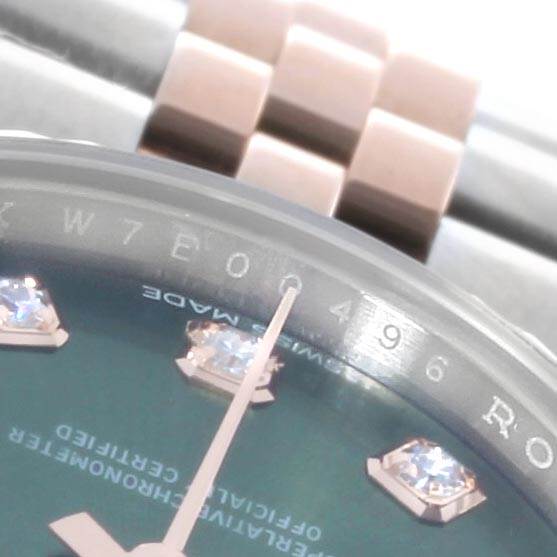 This Rolex Datejust 279171 Women's Steel and Gold (two tone) Green Dial 279171 Women's Steel and Gold (two tone) Green Dial watch is shown at an angle focusing on the dial, indices, and part of the bracelet.