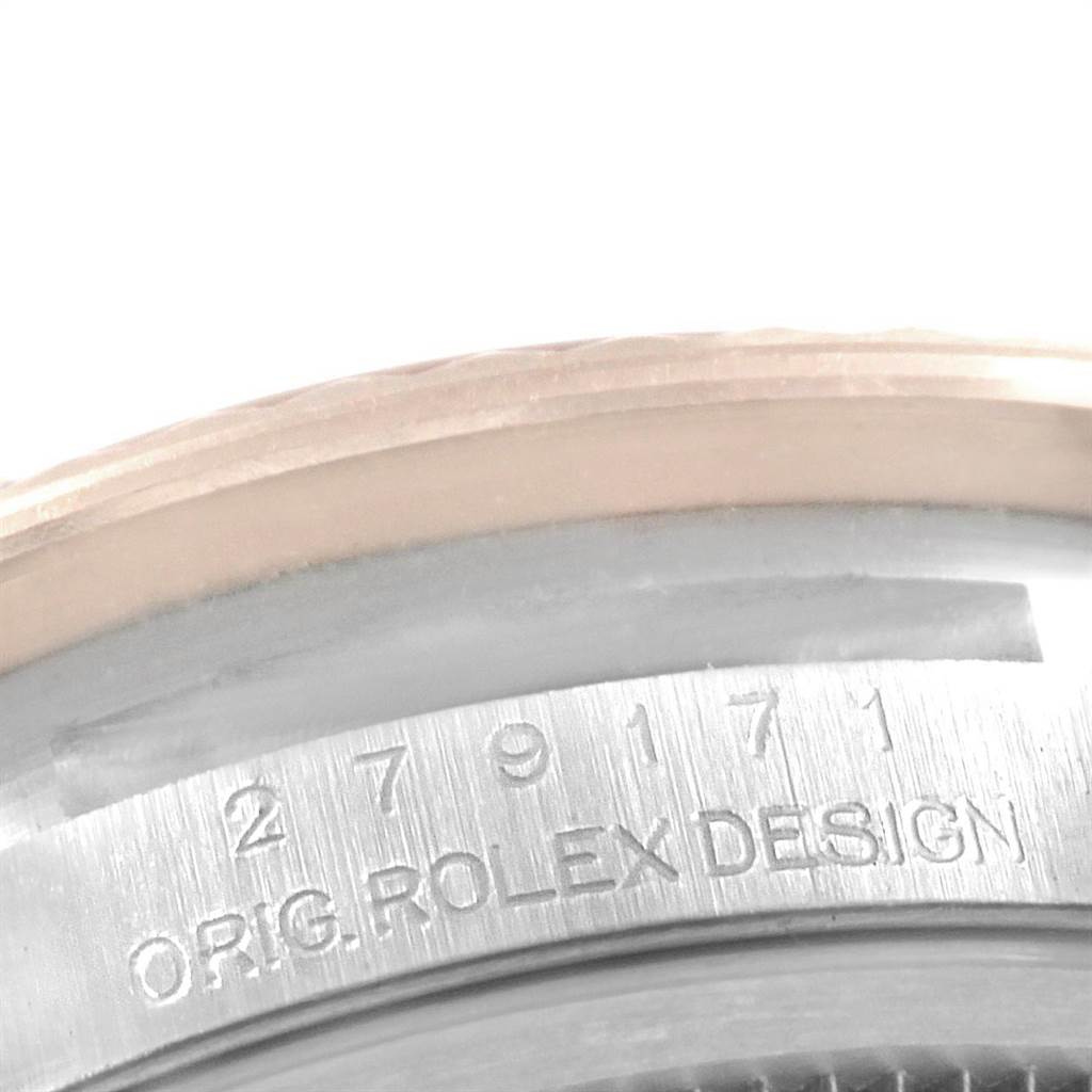 The image shows a close-up of the case side of a Rolex Datejust 279171 Women's Steel and Gold (two tone) Green Dial 279171 Women's Steel and Gold (two tone) Green Dial, featuring model numbers and the "ORIG. ROLEX DESIGN" engraving.