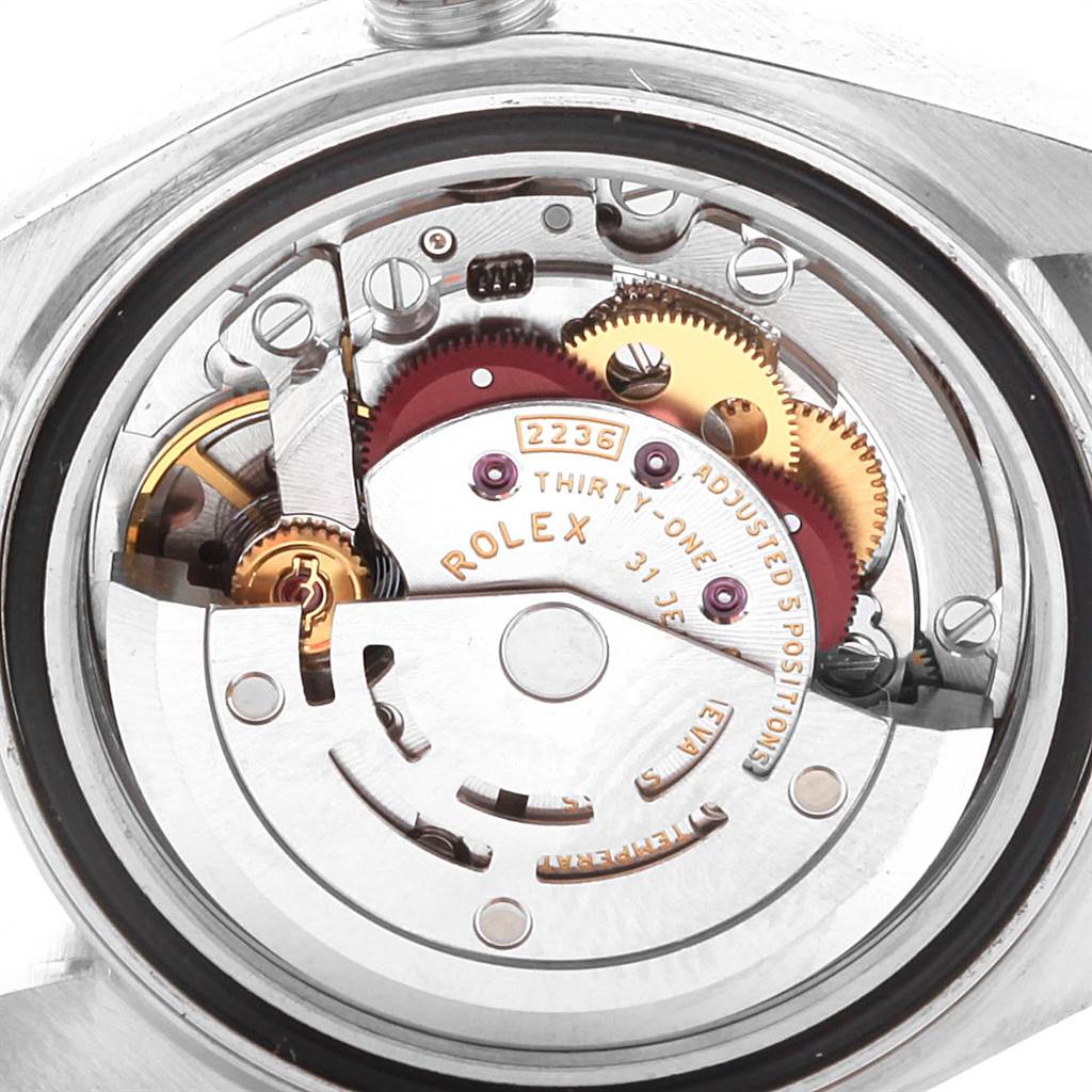 The image shows the intricate internal movement mechanism of the Rolex Datejust 279171 Women's Steel and Gold (two tone) Green Dial 279171 Women's Steel and Gold (two tone) Green Dial watch from a rear angle.