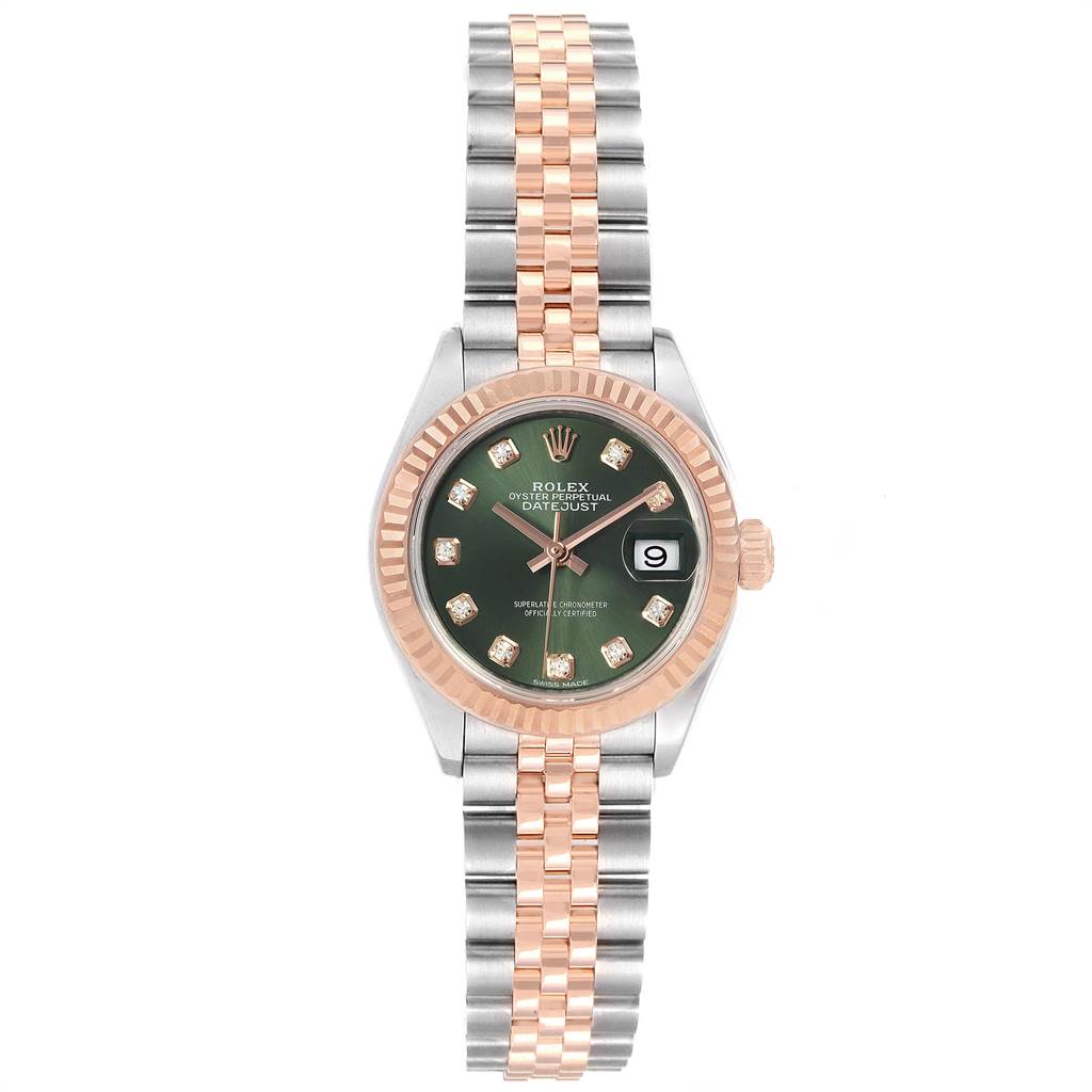 The Rolex Datejust 279171 Women's Steel and Gold (two tone) Green Dial 279171 Women's Steel and Gold (two tone) Green Dial watch is shown from a front angle, displaying its face, bezel, and two-tone bracelet.