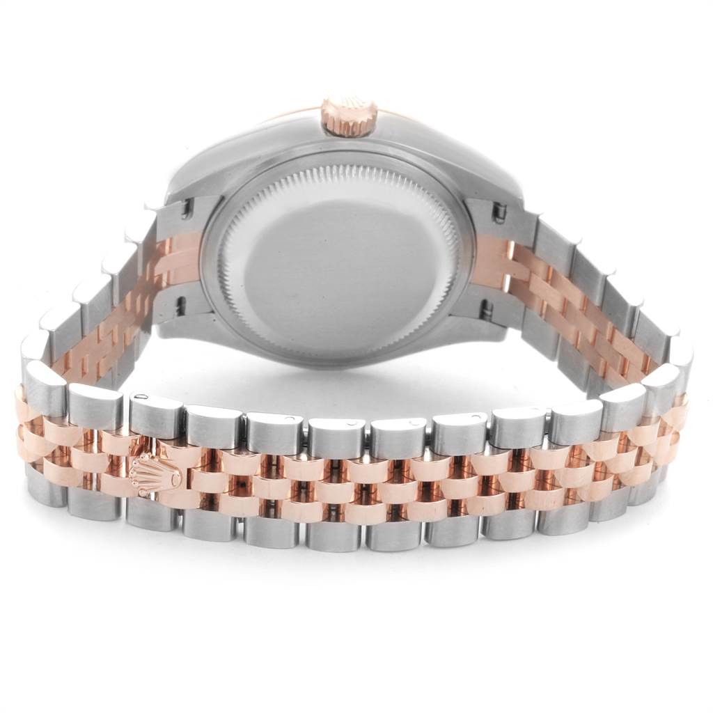 This image shows the back view of a Rolex Datejust 279171 Women's Steel and Gold (two tone) Green Dial 279171 Women's Steel and Gold (two tone) Green Dial watch, highlighting the clasp and bracelet.