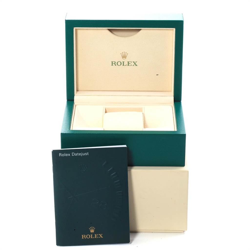 The image shows a Rolex Datejust 279171 Women's Steel and Gold (two tone) Green Dial 279171 Women's Steel and Gold (two tone) Green Dial watch box, its packaging, and a branded booklet.