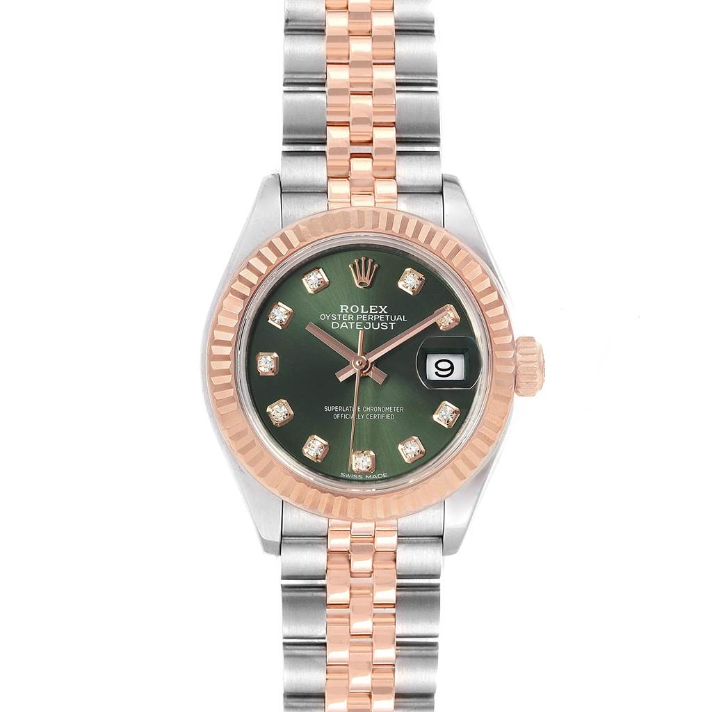 The Rolex Datejust 279171 Women's Steel and Gold (two tone) Green Dial 279171 Women's Steel and Gold (two tone) Green Dial watch is shown from a top view, highlighting its bicolor bracelet, fluted bezel, and emerald green dial.