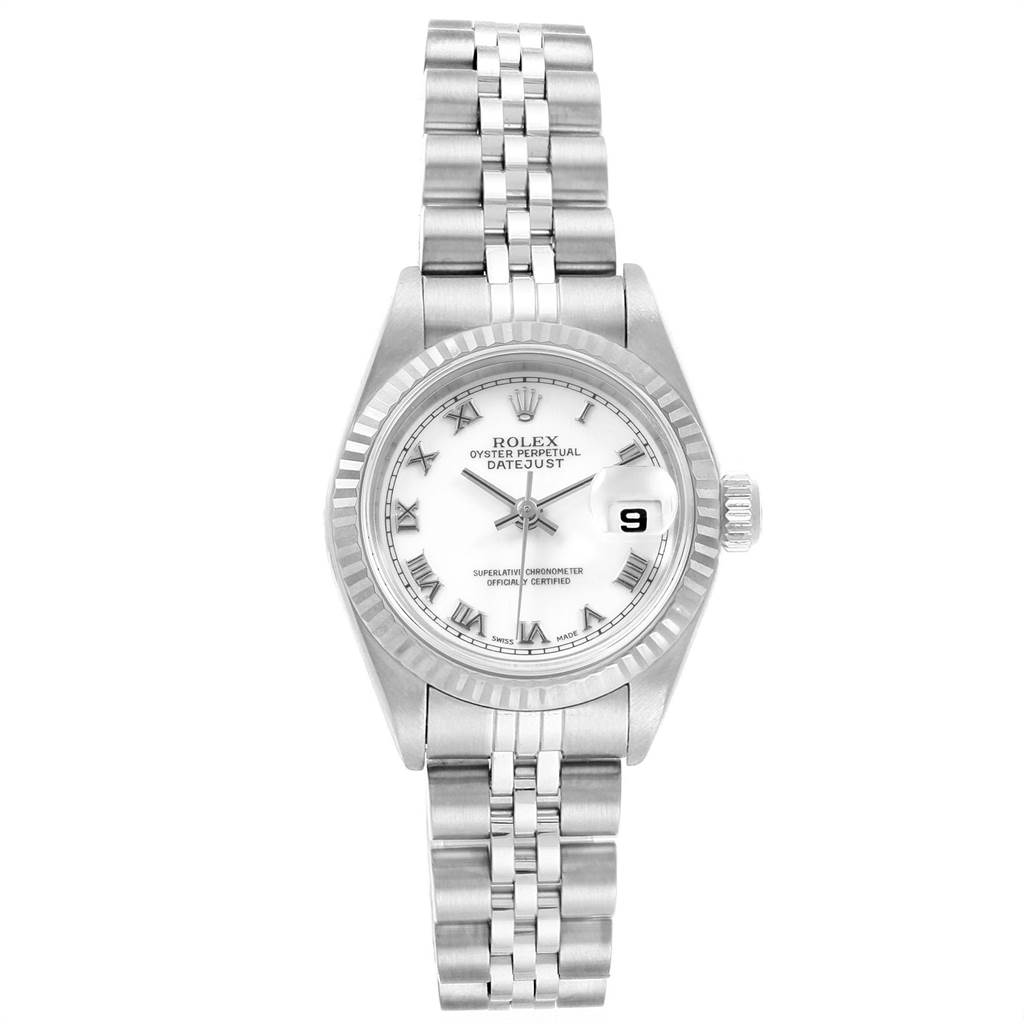 This image shows a frontal view of a Rolex Datejust 69174 Women's Stainless Steel White Dial 69174 Women's Stainless Steel White Dial watch, featuring the dial, bezel, and bracelet.