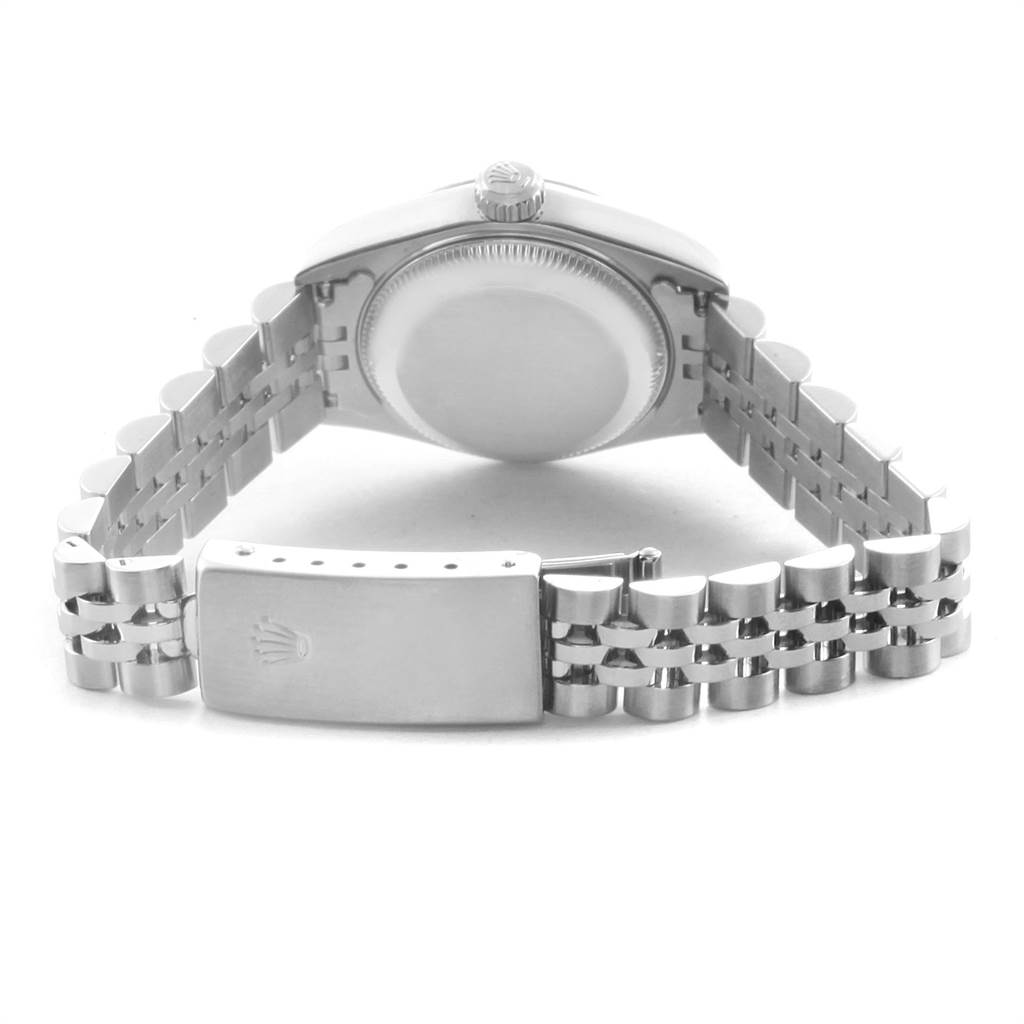 This image shows the back view of a Rolex Datejust 69174 Women's Stainless Steel White Dial 69174 Women's Stainless Steel White Dial, including the case back, bracelet, and clasp.