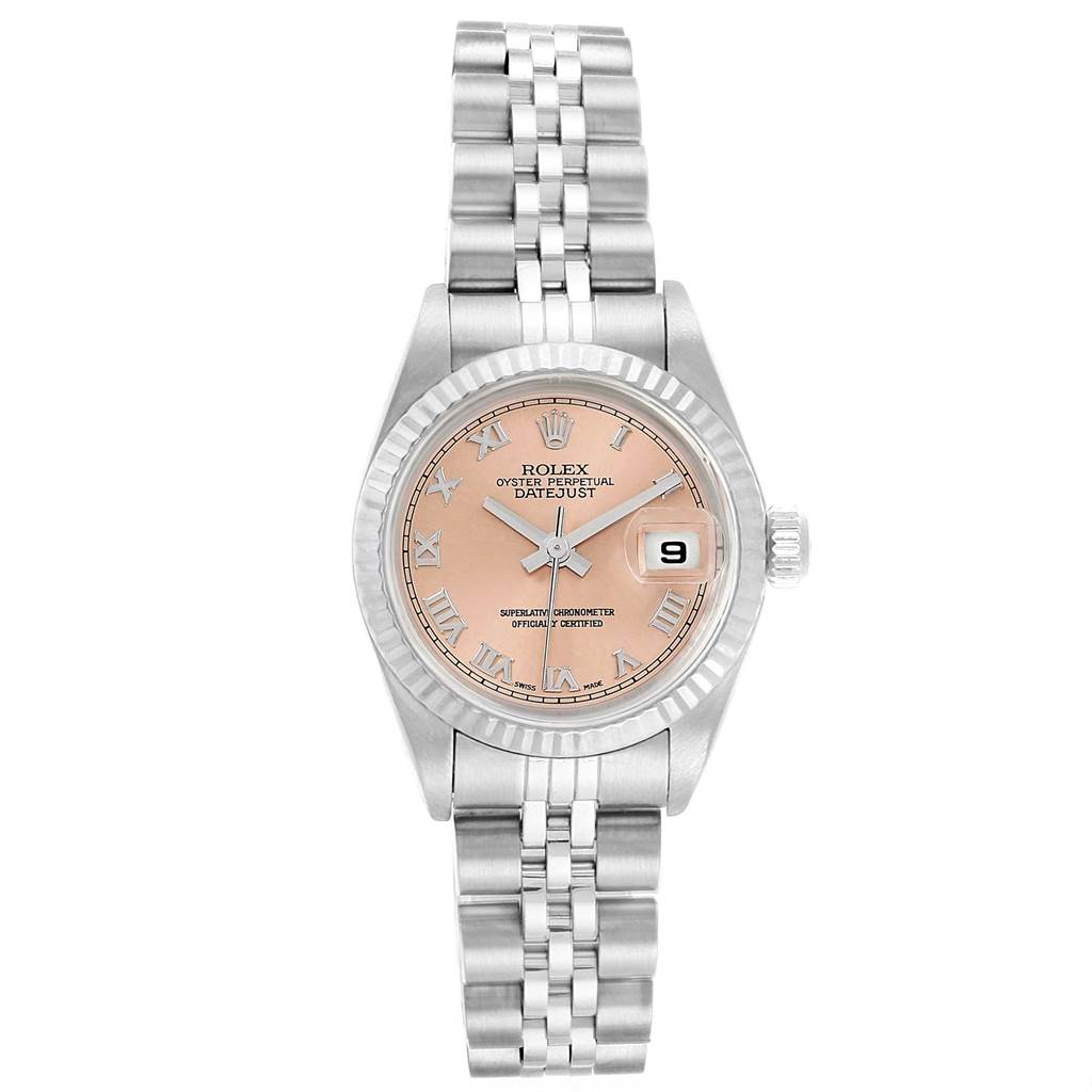 The image shows a front view of a Rolex Datejust 69174 Women's Stainless Steel Pink Dial 69174 Women's Stainless Steel Pink Dial watch, displaying its dial, bracelet, and date window.