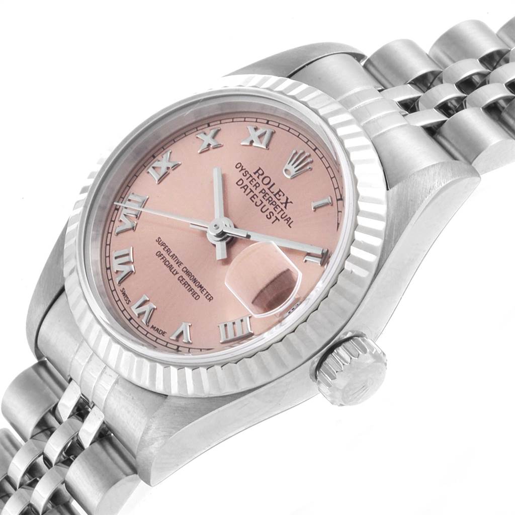 This image shows a close-up of the Rolex Datejust 69174 Women's Stainless Steel Pink Dial 69174 Women's Stainless Steel Pink Dial watch from an angled top view, highlighting the dial, bezel, and part of the bracelet.