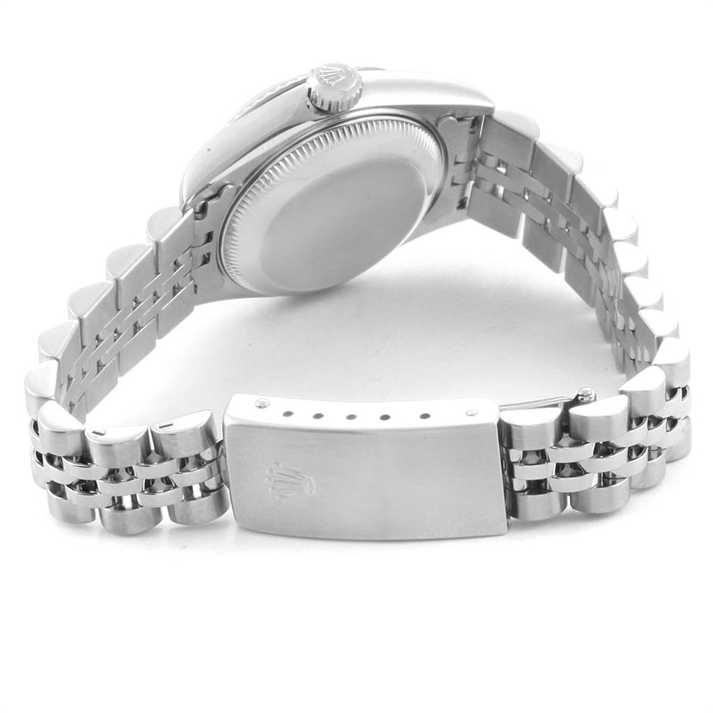 This image shows the back and side view of a Rolex Datejust 69174 Women's Stainless Steel Pink Dial 69174 Women's Stainless Steel Pink Dial watch, highlighting the closed clasp and bracelet.