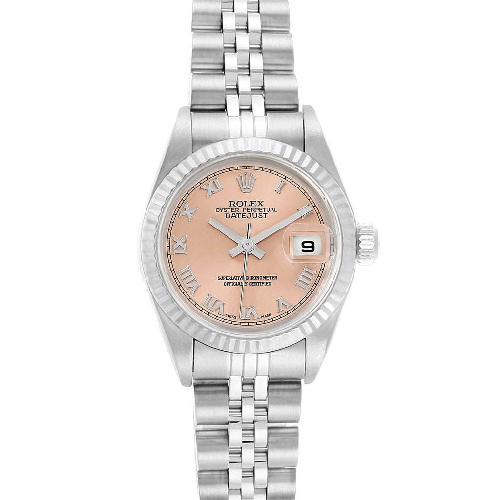 The image shows a front view of a Rolex Datejust 69174 Women's Stainless Steel Pink Dial 69174 Women's Stainless Steel Pink Dial watch displaying the dial, bezel, and bracelet.