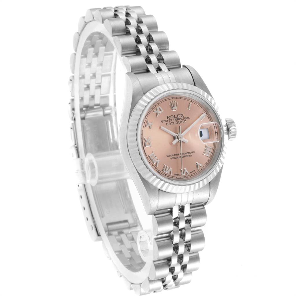 The image shows a Rolex Datejust 69174 Women's Stainless Steel Pink Dial 69174 Women's Stainless Steel Pink Dial watch at a three-quarter angle, featuring a pink dial, Roman numerals, and Jubilee bracelet.
