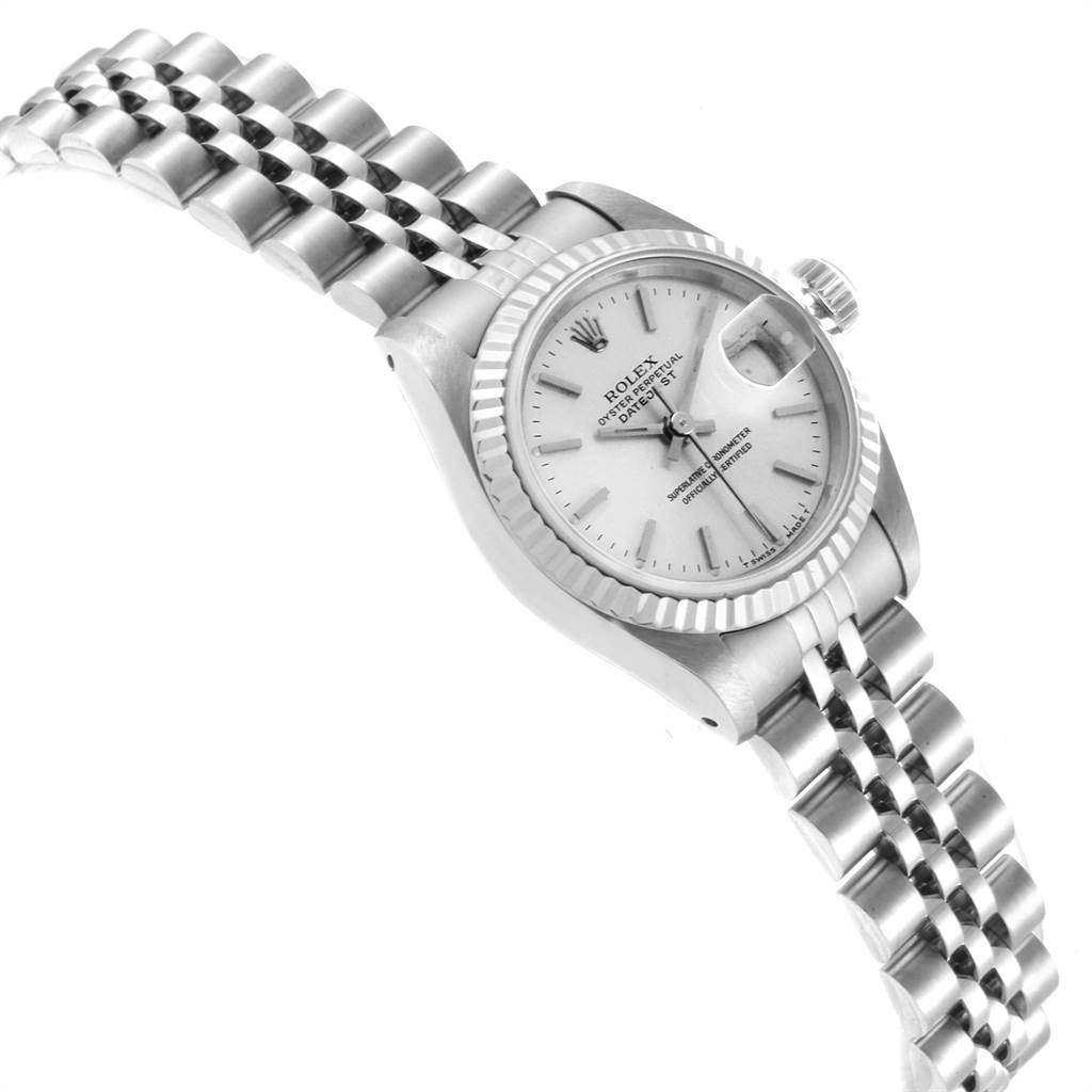 This image shows a Rolex Datejust 69174 Women's Stainless Steel Silver Dial 69174 Women's Stainless Steel Silver Dial watch at an angled view, highlighting the face, bezel, crown, and part of the bracelet.