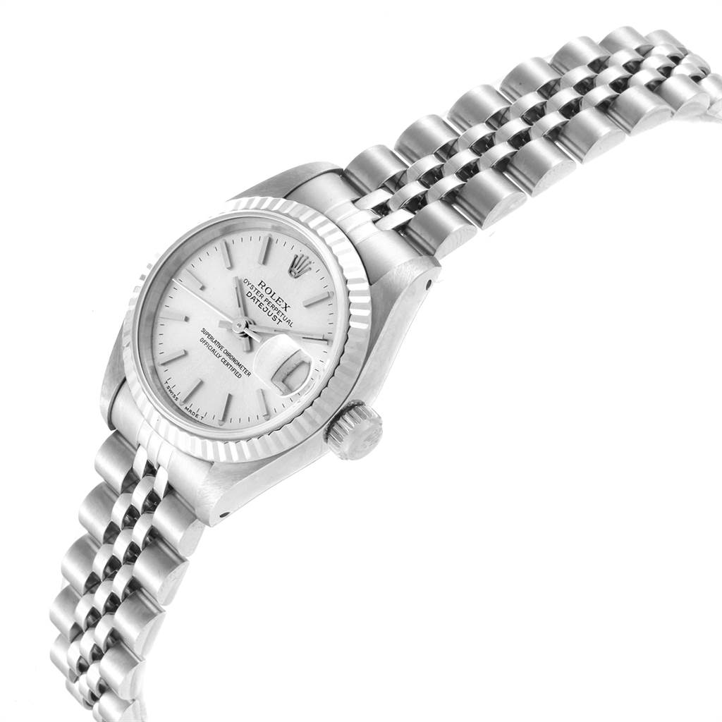 The Rolex Datejust 69174 Women's Stainless Steel Silver Dial 69174 Women's Stainless Steel Silver Dial watch is shown at an angle highlighting the dial, fluted bezel, bracelet, and crown.