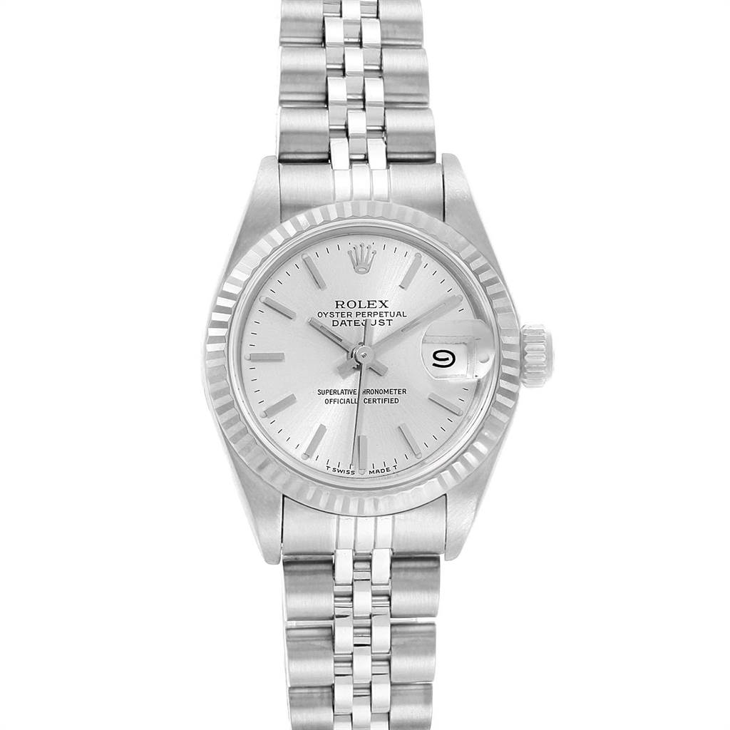 The image shows a front view of the Rolex Datejust 69174 Women's Stainless Steel Silver Dial 69174 Women's Stainless Steel Silver Dial watch, displaying the dial, hands, date window, and bracelet.
