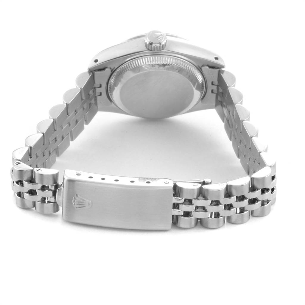 This image shows the back view of a Rolex Datejust 69174 Women's Stainless Steel Silver Dial 69174 Women's Stainless Steel Silver Dial watch, highlighting the bracelet and clasp.