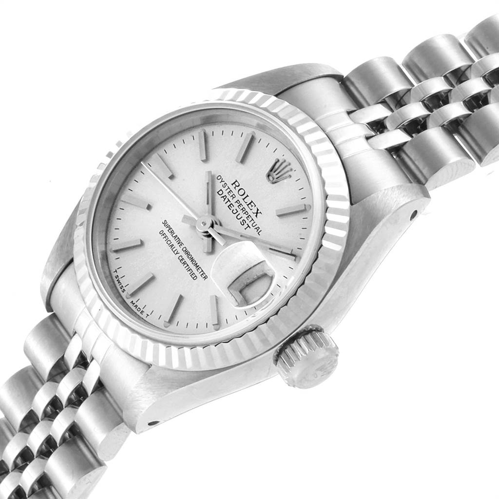 This Rolex Datejust 69174 Women's Stainless Steel Silver Dial 69174 Women's Stainless Steel Silver Dial watch is shown at a front-facing angle, highlighting the dial, bezel, crown, and part of the bracelet.