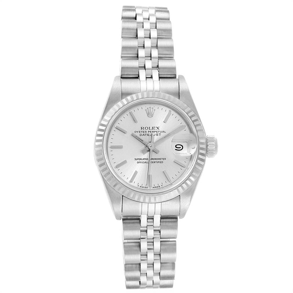This is a front view of the Rolex Datejust 69174 Women's Stainless Steel Silver Dial 69174 Women's Stainless Steel Silver Dial watch showing the dial, bezel, bracelet, and date window.