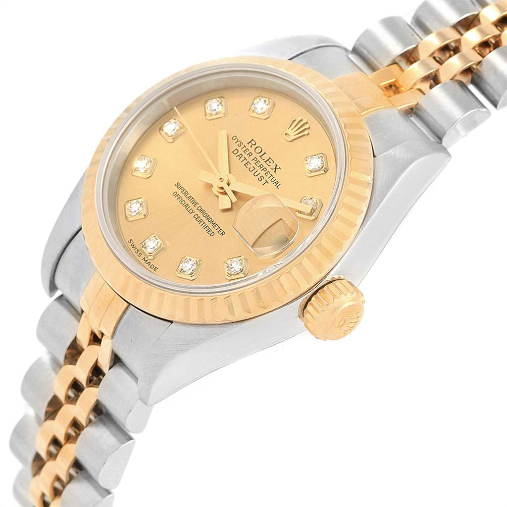 The image shows the face, bezel, and partial bracelet of a Rolex Datejust 79173 Women's Stainless Steel Champagne Dial 79173 Women's Stainless Steel Champagne Dial watch at a slight angle, focusing on the crown and dial.