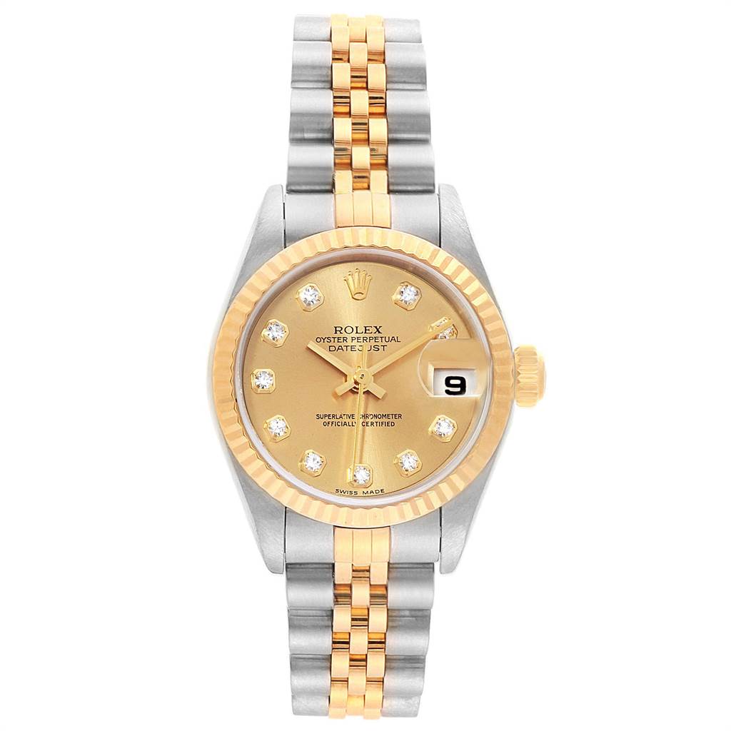 This image shows a front view of the Rolex Datejust 79173 Women's Stainless Steel Champagne Dial 79173 Women's Stainless Steel Champagne Dial watch, highlighting its gold and silver bracelet, fluted bezel, and date display.
