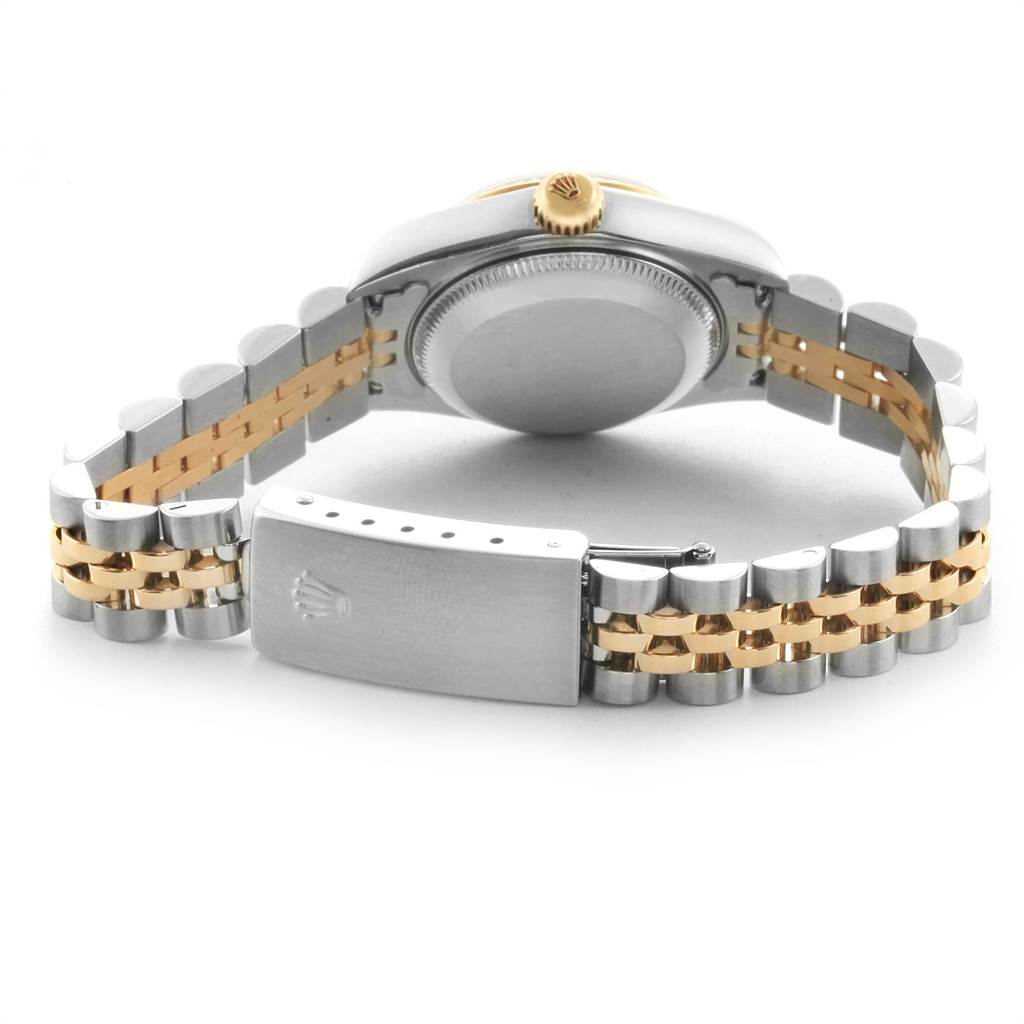 The image shows the back of a Rolex Datejust 79173 Women's Stainless Steel Champagne Dial 79173 Women's Stainless Steel Champagne Dial watch, highlighting the clasp, bracelet, and caseback from a rear angle.