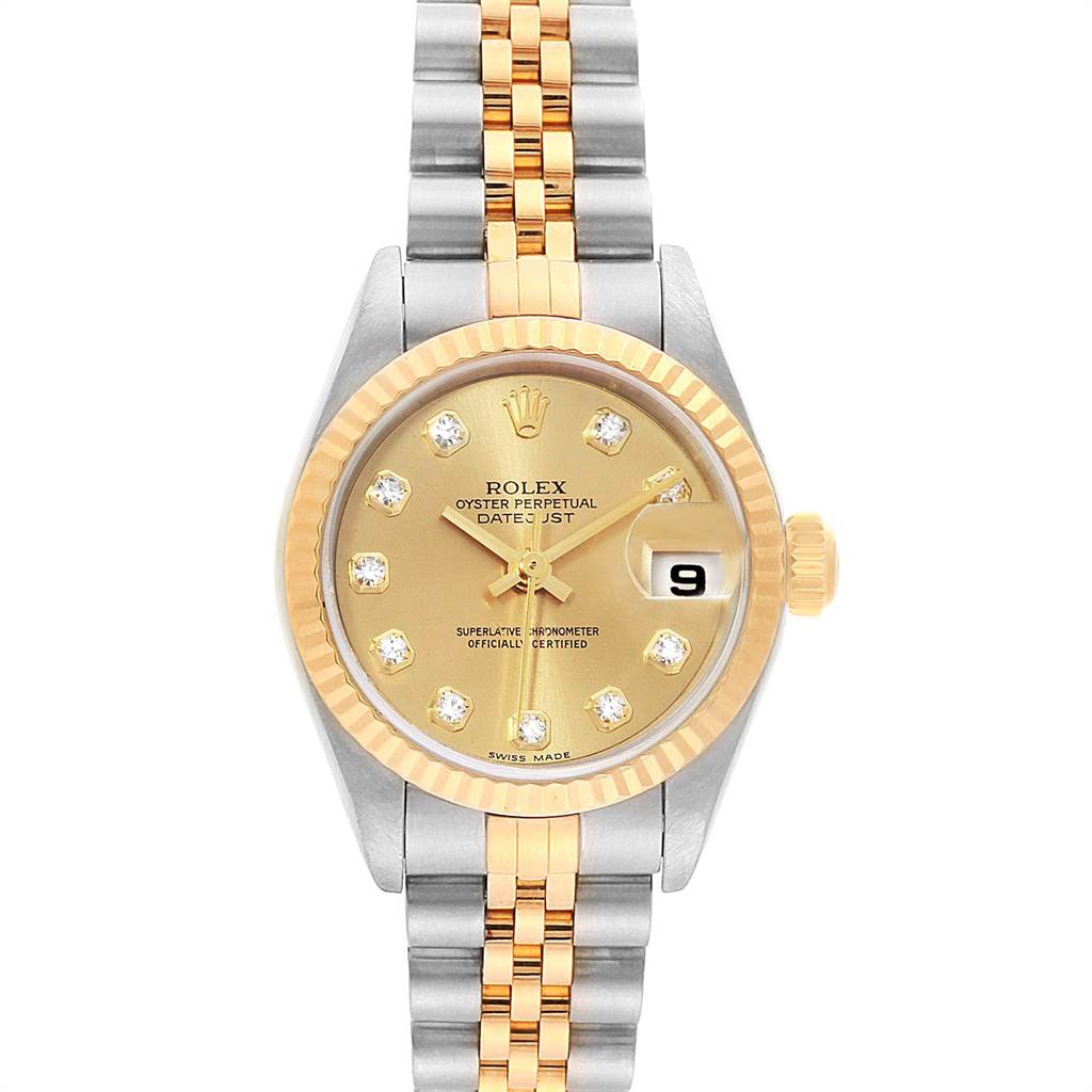This image shows a Rolex Datejust 79173 Women's Stainless Steel Champagne Dial 79173 Women's Stainless Steel Champagne Dial watch from a top-down angle, highlighting its dial, bracelet, bezel, and crown.