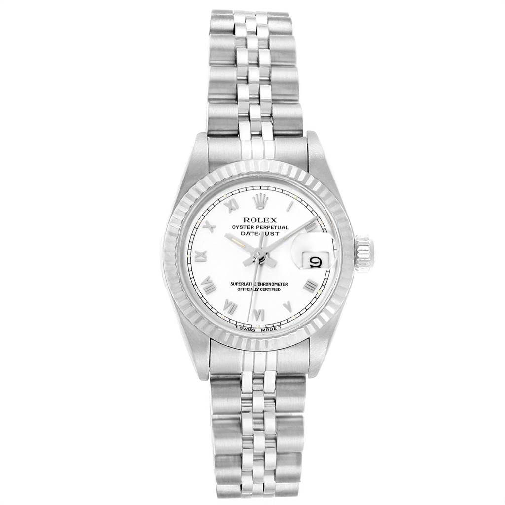 The image shows a front view of a Rolex Datejust 69174 Women
s Stainless Steel White Dial 69174 Women
s Stainless Steel White Dial watch, displaying its bracelet, dial, and crown.
