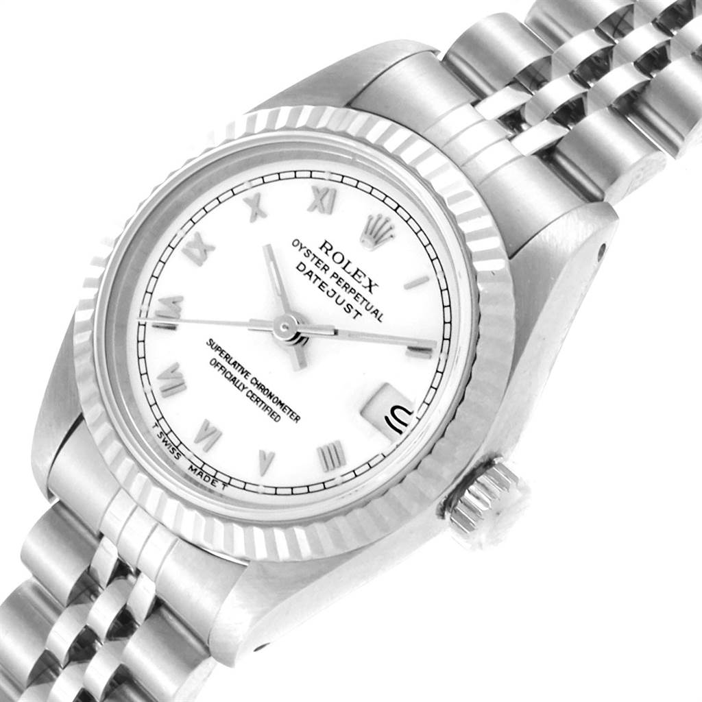 The Rolex Datejust 69174 Women
s Stainless Steel White Dial 69174 Women
s Stainless Steel White Dial watch is shown at an oblique angle, displaying the face, bezel, and part of the bracelet.