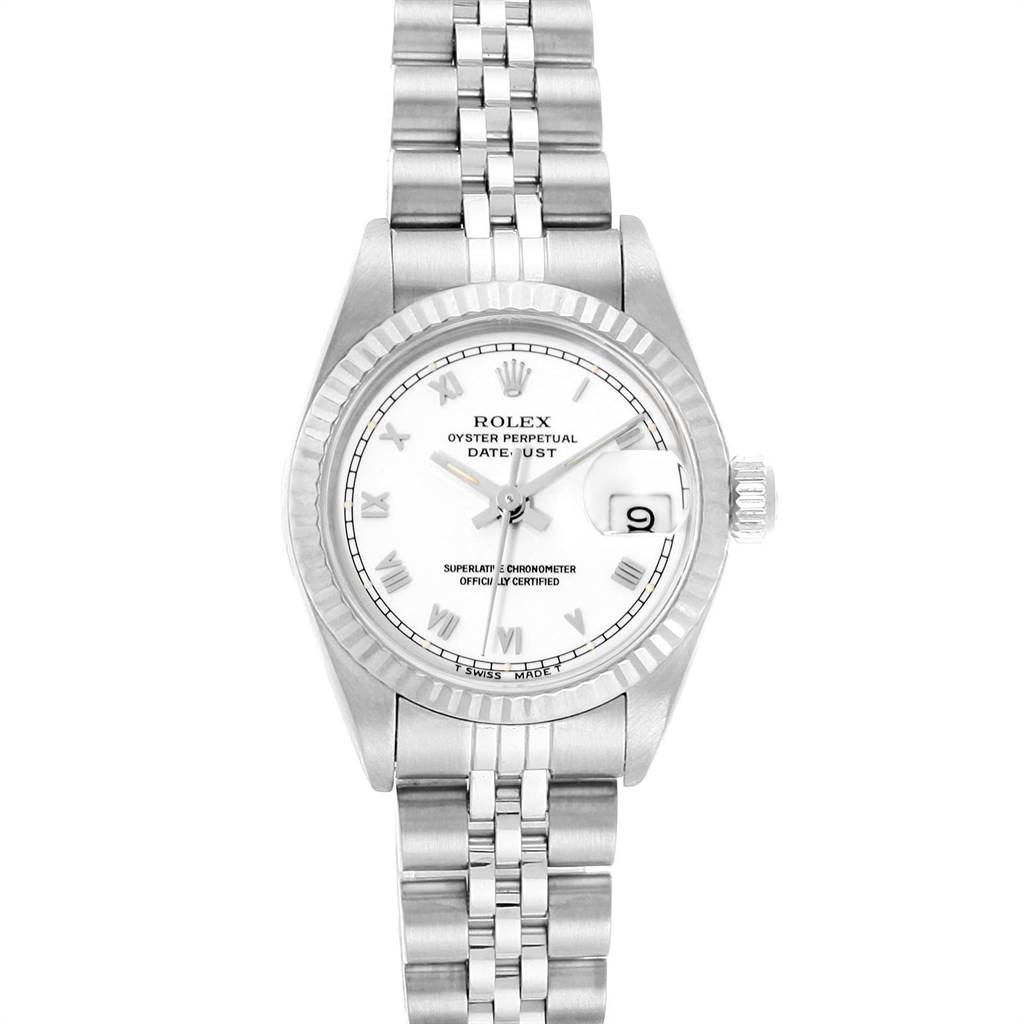 The Rolex Datejust 69174 Women
s Stainless Steel White Dial 69174 Women
s Stainless Steel White Dial watch is shown from a top-down angle, displaying the dial, bracelet, and crown.