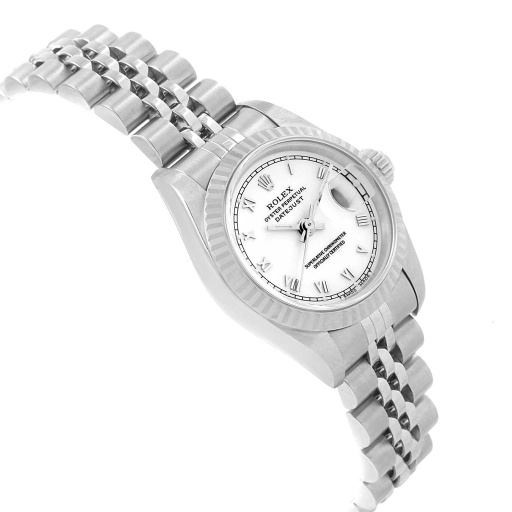 The Rolex Datejust 69174 Women
s Stainless Steel White Dial 69174 Women
s Stainless Steel White Dial watch is shown at a front-right angle, highlighting the face, bezel, and part of the bracelet.