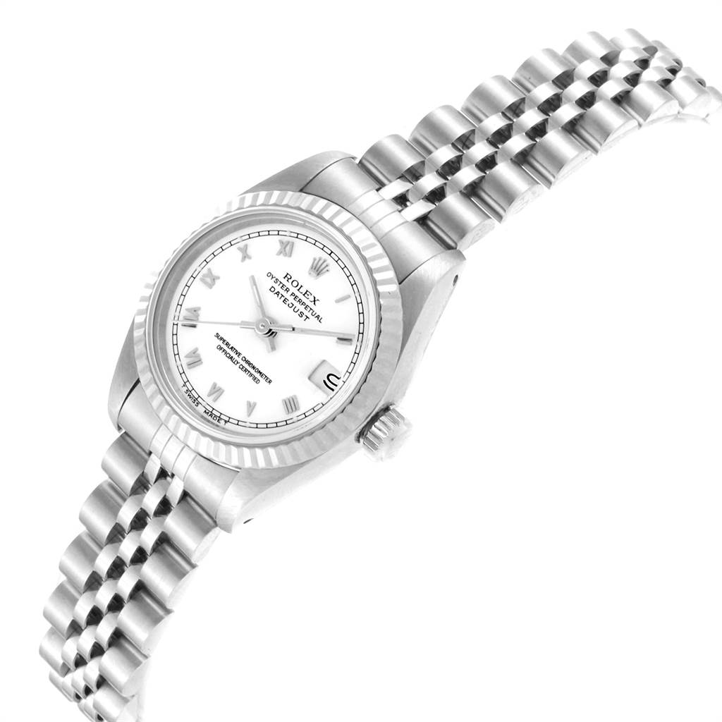 The Rolex Datejust 69174 Women
s Stainless Steel White Dial 69174 Women
s Stainless Steel White Dial is shown at an angle highlighting the face, bezel, crown, and partial bracelet.