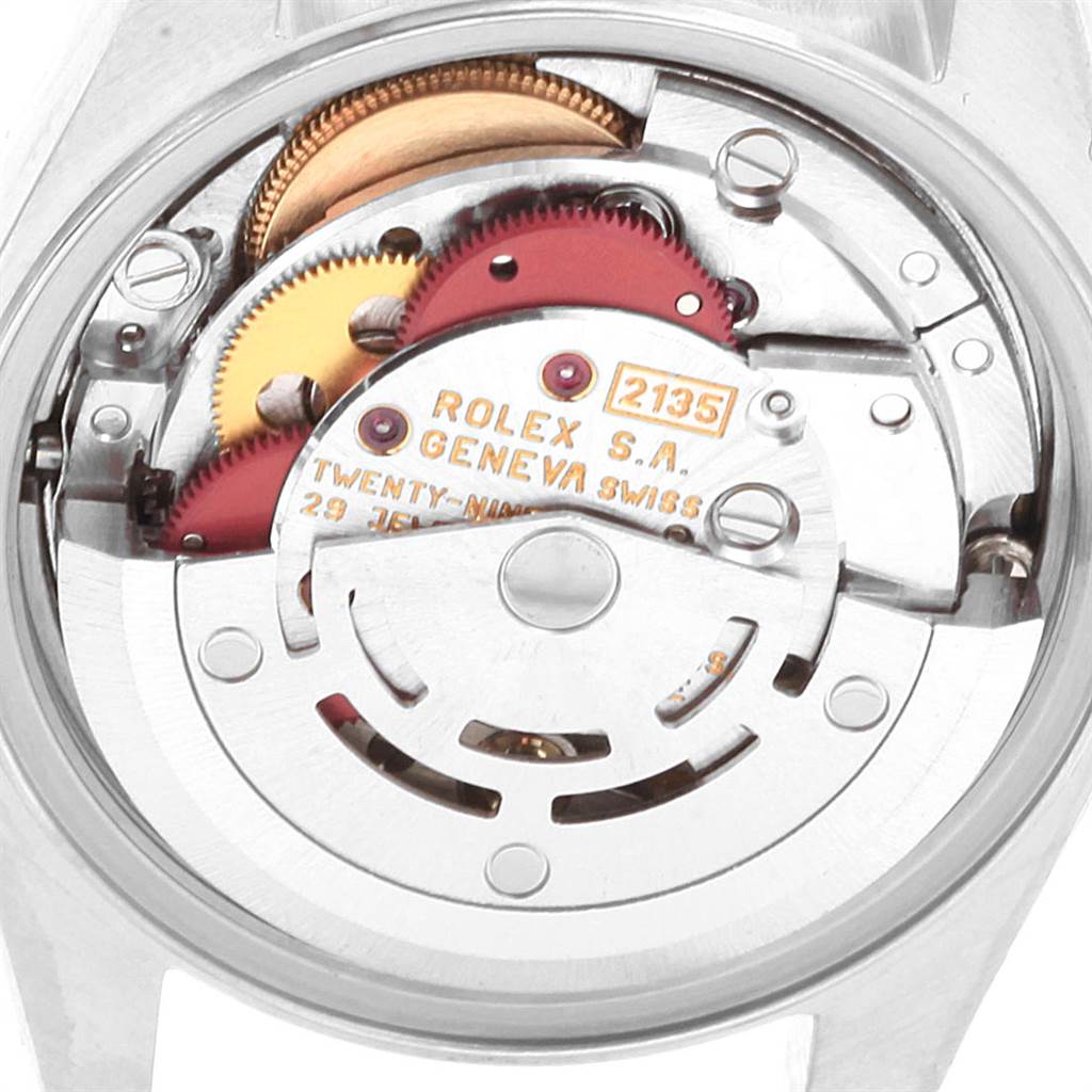 The image shows the internal mechanical movement of the Rolex Datejust 69174 Women
s Stainless Steel White Dial 69174 Women
s Stainless Steel White Dial watch, viewed from the back.