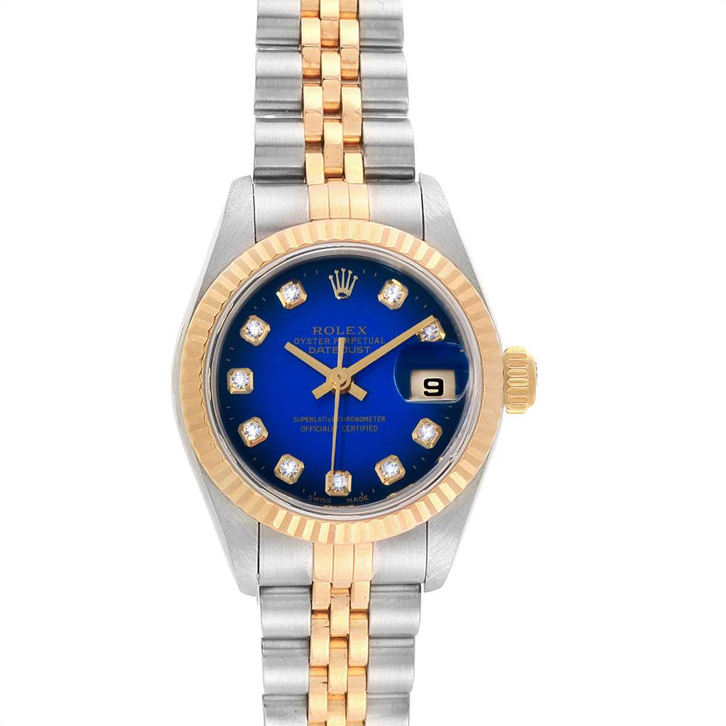 This image shows a front view of a Rolex Datejust 69173 Women's Steel and Gold (two tone) Blue Dial 69173 Women's Steel and Gold (two tone) Blue Dial watch with a two-tone bracelet and a blue dial.