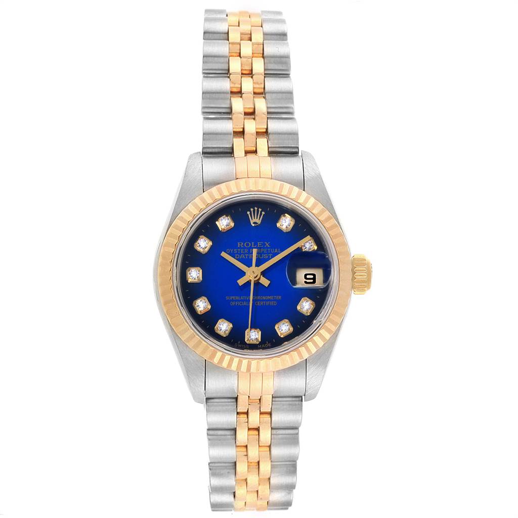 The Rolex Datejust 69173 Women's Steel and Gold (two tone) Blue Dial 69173 Women's Steel and Gold (two tone) Blue Dial watch is shown from a front angle, displaying its face, bezel, and metal bracelet.