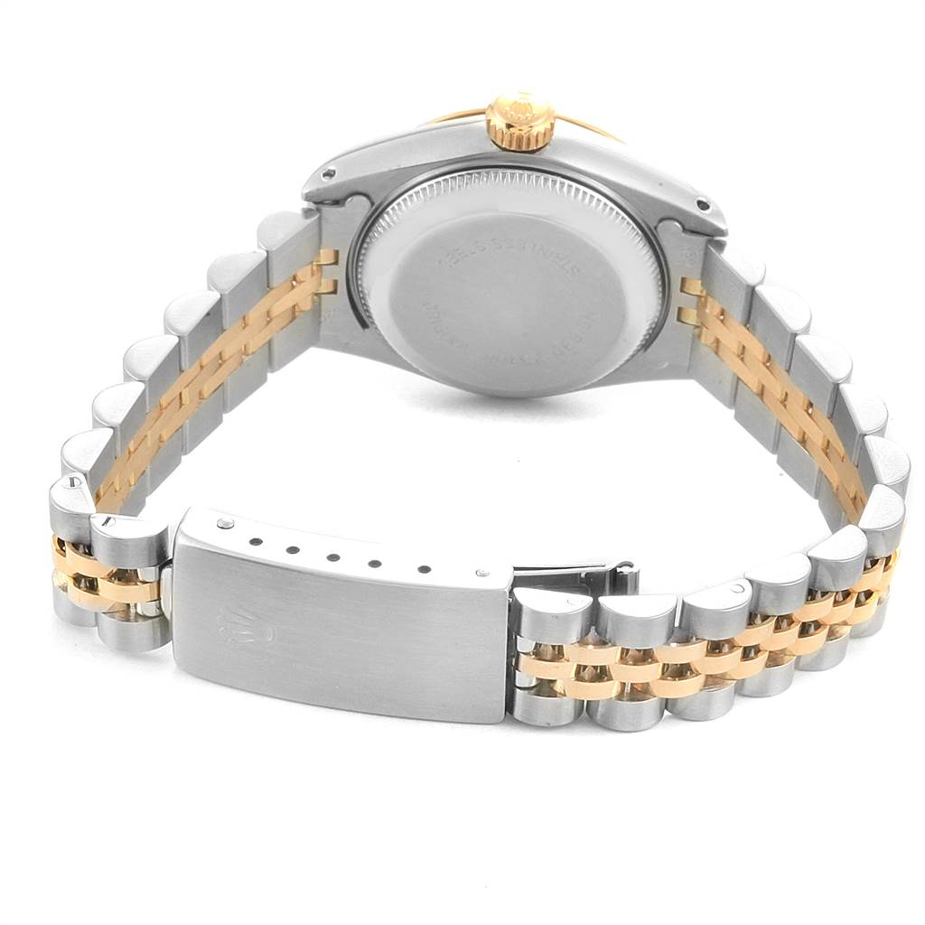 The image displays the back view of a Rolex Datejust 69173 Women's Steel and Gold (two tone) Blue Dial 69173 Women's Steel and Gold (two tone) Blue Dial watch, showcasing the case back and partially folded Jubilee bracelet.