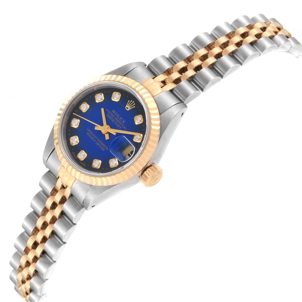 The Rolex Datejust 69173 Women's Steel and Gold (two tone) Blue Dial 69173 Women's Steel and Gold (two tone) Blue Dial watch is shown at a slight angle, highlighting its face, crown, and two-tone bracelet.