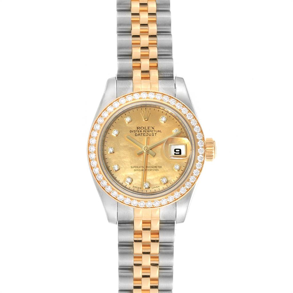 The Rolex Datejust 179383 Women's Steel and Gold (two tone) Champagne Dial 179383 Women's Steel and Gold (two tone) Champagne Dial watch is shown from the front, displaying the dial, bezel, and bracelet.