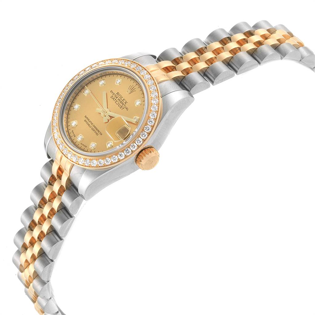 The Rolex Datejust 179383 Women's Steel and Gold (two tone) Champagne Dial 179383 Women's Steel and Gold (two tone) Champagne Dial watch is shown at an angled side view, highlighting its bracelet, bezel, crown, and face.