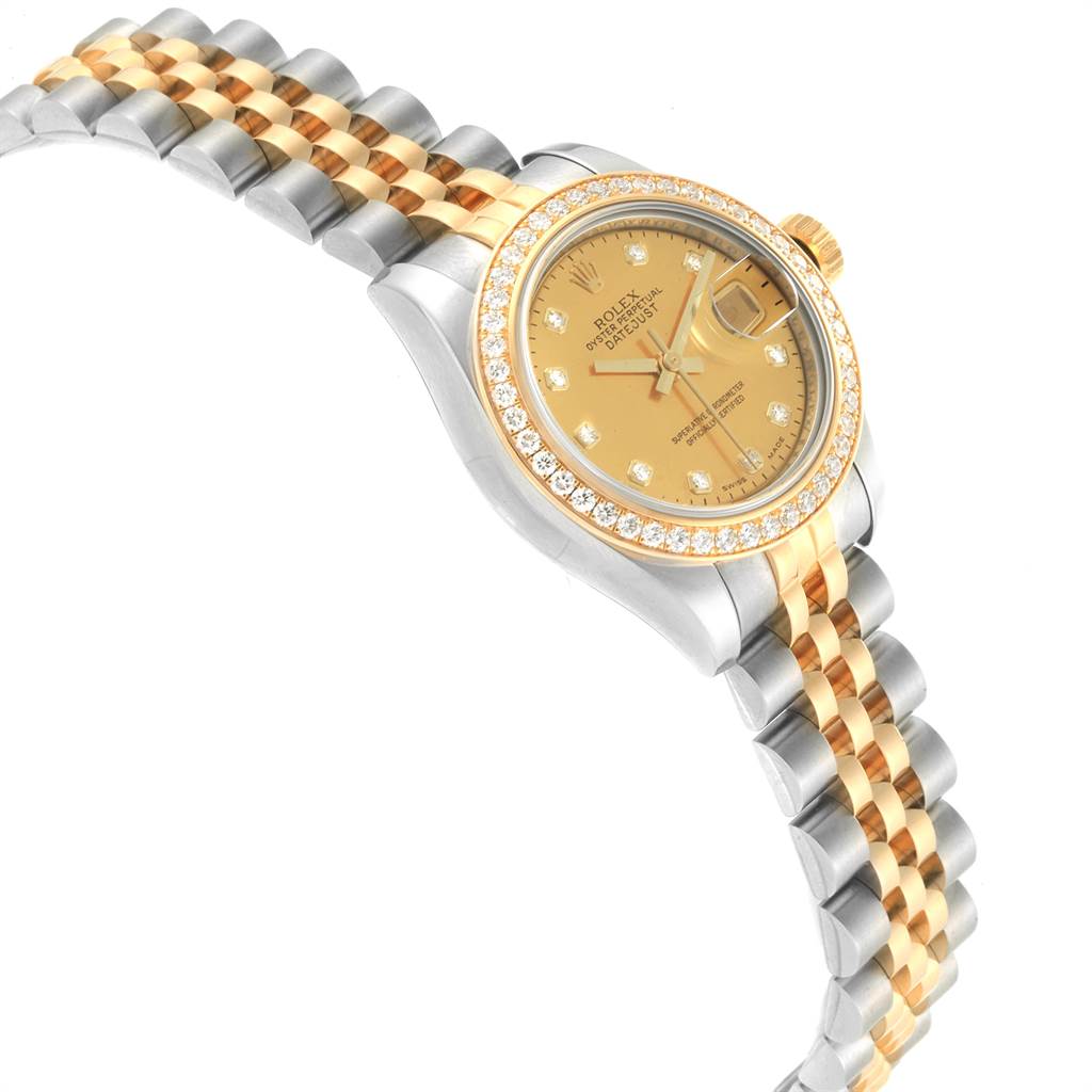 This Rolex Datejust 179383 Women's Steel and Gold (two tone) Champagne Dial 179383 Women's Steel and Gold (two tone) Champagne Dial watch is shown at a slight angle, highlighting its gold dial, diamond bezel, and two-tone jubilee bracelet.