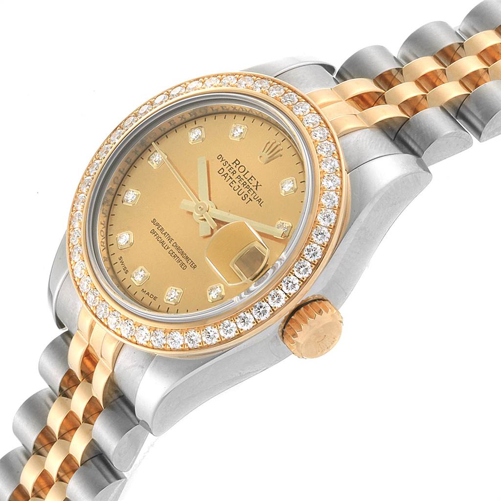 The image shows a gold Rolex Datejust 179383 Women's Steel and Gold (two tone) Champagne Dial 179383 Women's Steel and Gold (two tone) Champagne Dial watch, highlighting its bezel, dial, crown, and two-tone bracelet.
