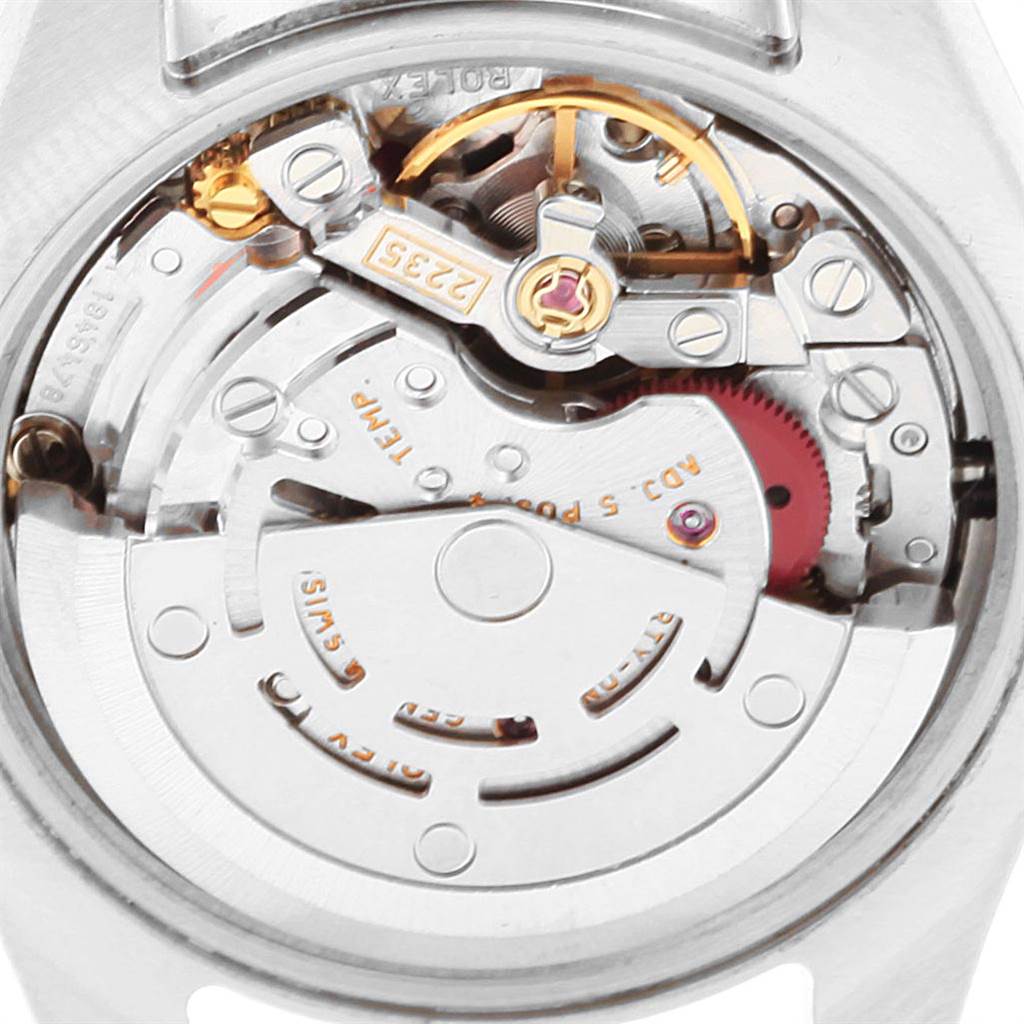 The image shows the internal mechanism and movement of a Rolex Datejust 179383 Women's Steel and Gold (two tone) Champagne Dial 179383 Women's Steel and Gold (two tone) Champagne Dial watch from a top-down angle.
