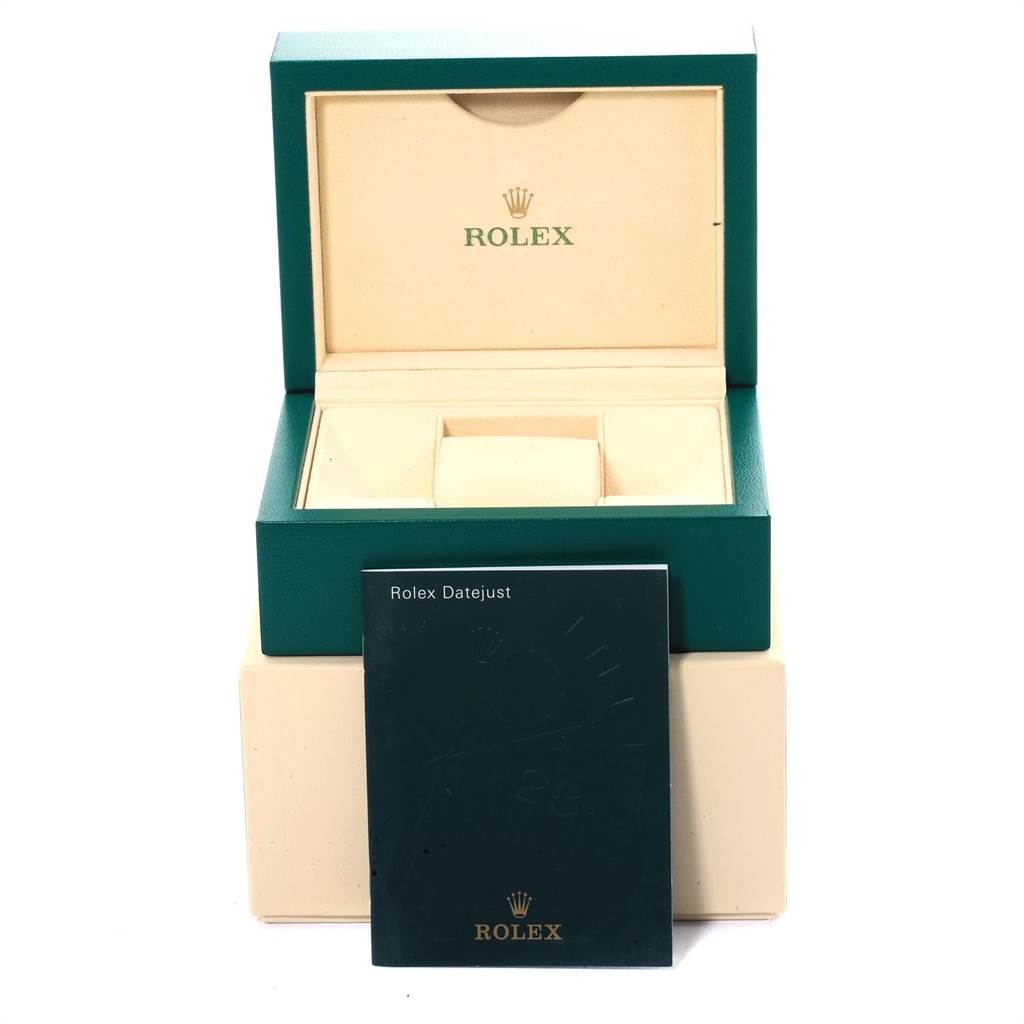 The image shows the packaging box and booklet for a Rolex Datejust 179383 Women's Steel and Gold (two tone) Champagne Dial 179383 Women's Steel and Gold (two tone) Champagne Dial watch, viewed from the front.
