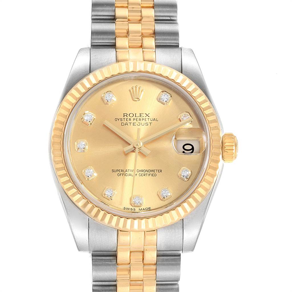 This image shows a front view of a Rolex Datejust 178273 Women
s Steel and Gold (two tone) Champagne Dial 178273 Women
s Steel and Gold (two tone) Champagne Dial watch, featuring a gold and silver bracelet and a date display at 3 o
clock.