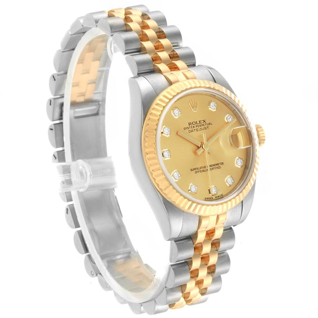 The Rolex Datejust 178273 Women
s Steel and Gold (two tone) Champagne Dial 178273 Women
s Steel and Gold (two tone) Champagne Dial watch is shown at a three-quarter angle, displaying its gold and silver bracelet, gold dial, and diamond hour markers.