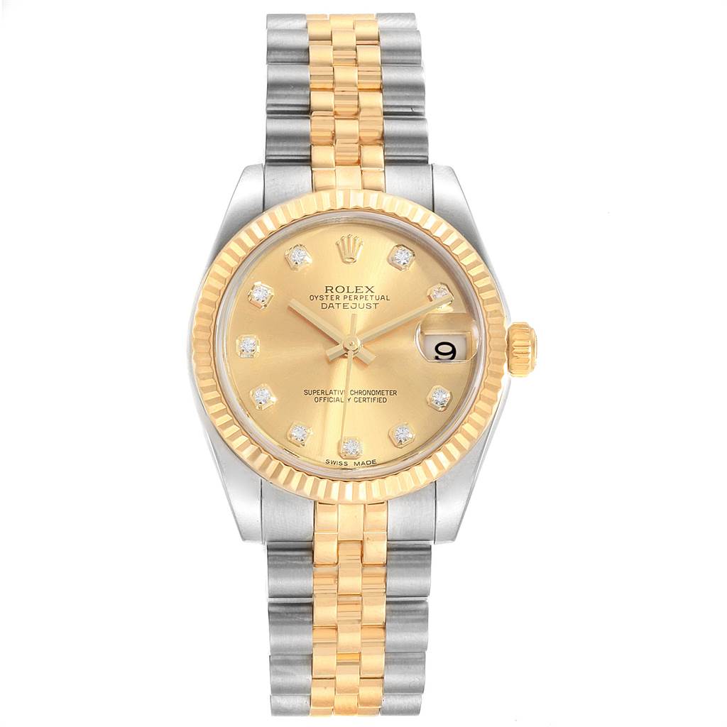 The image shows a front view of a Rolex Datejust 178273 Women
s Steel and Gold (two tone) Champagne Dial 178273 Women
s Steel and Gold (two tone) Champagne Dial watch, featuring a gold dial, fluted bezel, and two-tone bracelet.