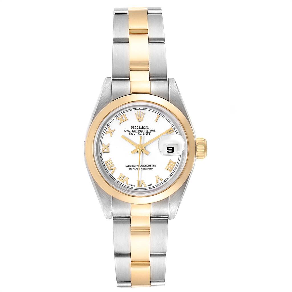 This image shows a front view of a Rolex Datejust 69163 Women's Steel and Gold (two tone) White Dial 69163 Women's Steel and Gold (two tone) White Dial watch, featuring a two-tone band and a date window.